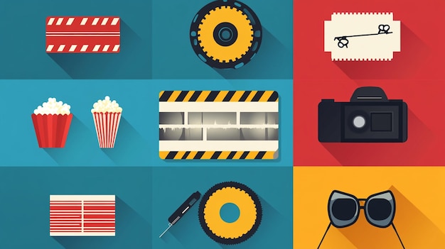 Photo a set of 9 flat design movie icons