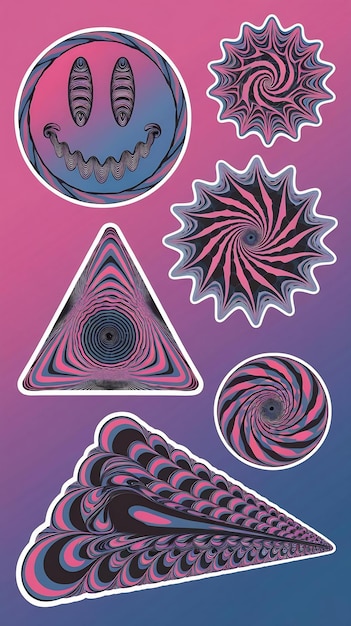 Photo set of acid sticker patterns vector design rave graphic elements trippy smile streetwear art