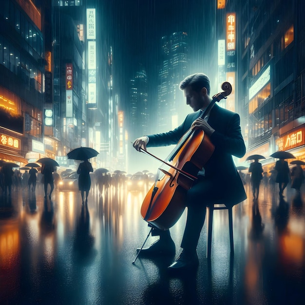 Set against a backdrop of city lights on a rainy night the cellist plays emotively in a bustling st