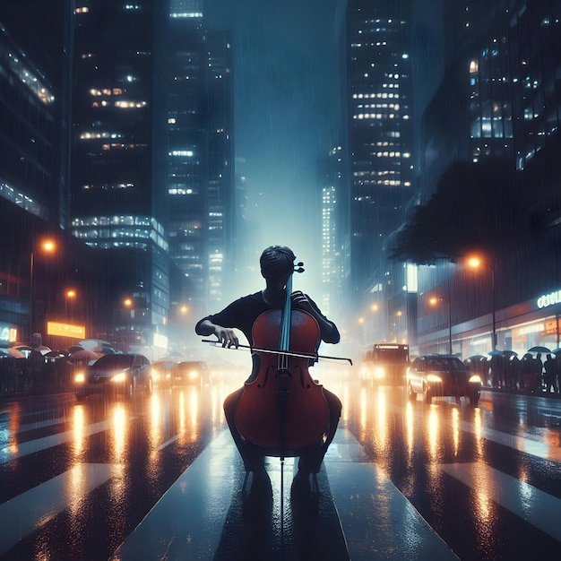 Set against a backdrop of city lights on a rainy night the cellist plays emotively in a bustling st