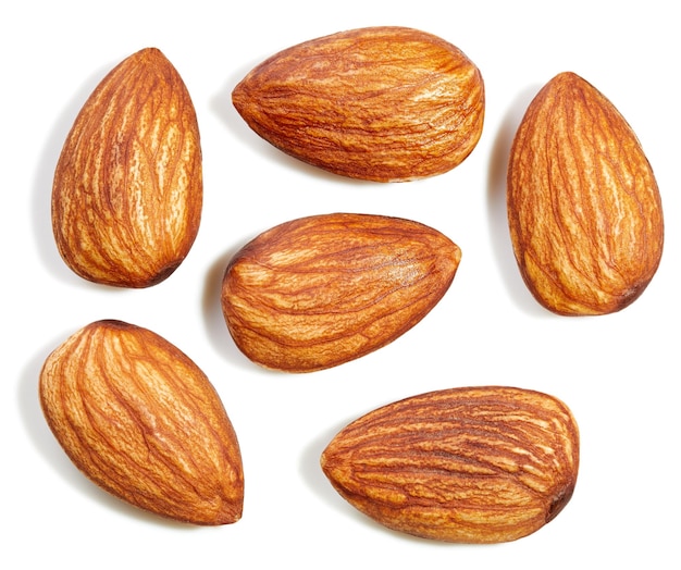 Set of almonds isolated on white background. Close-up of almonds