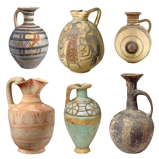 Set of ancient terracotta jugs isolated