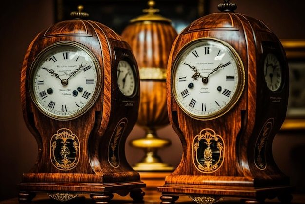 A set of antique clocks representing the history of timekeeping