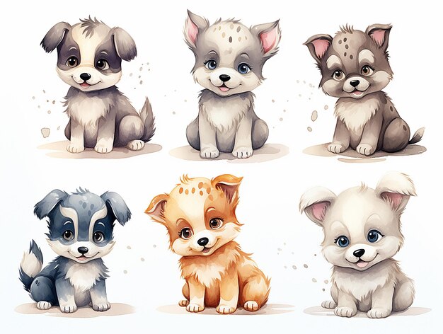 set of antropomorphical watercolor puppies clip art cutebaby animals on white background