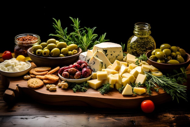 a set of appetizers to go with Italian wine or Mediterranean appetizers Brushettas cheese variety olives pickles