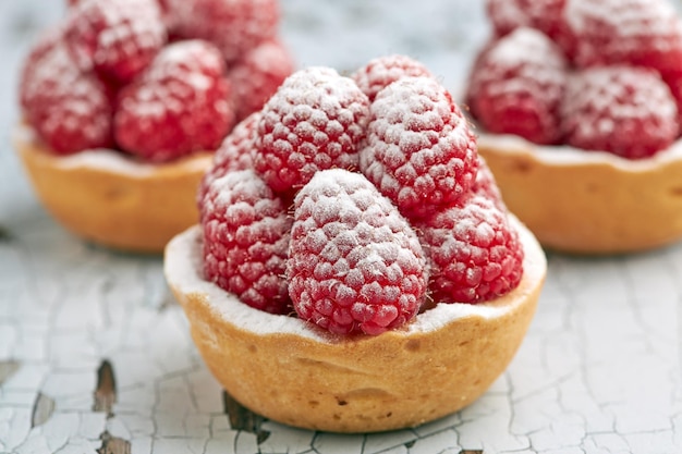 Set of appetizing raspberry tartlets with icing sugar on a spongy sponge base on a wooden table.