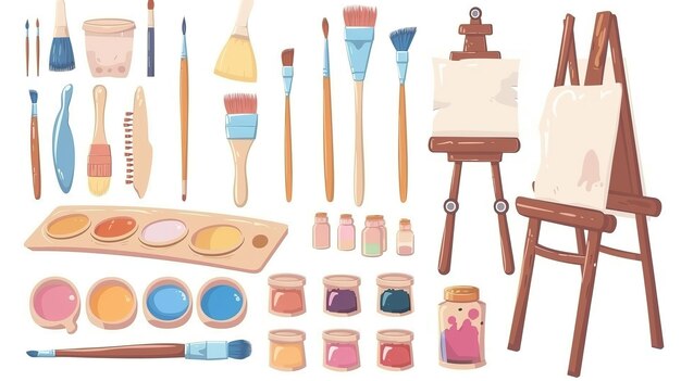 Set of art supplies brushes palette and canvas on a white background