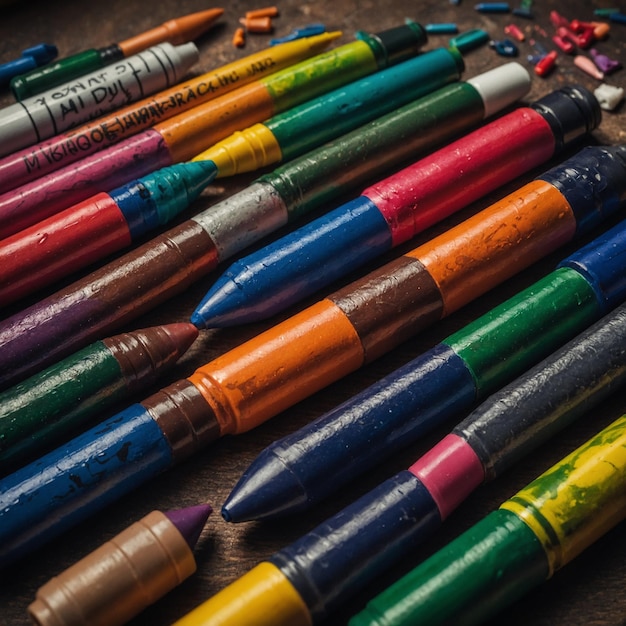 A set of art supplies including markers and crayons