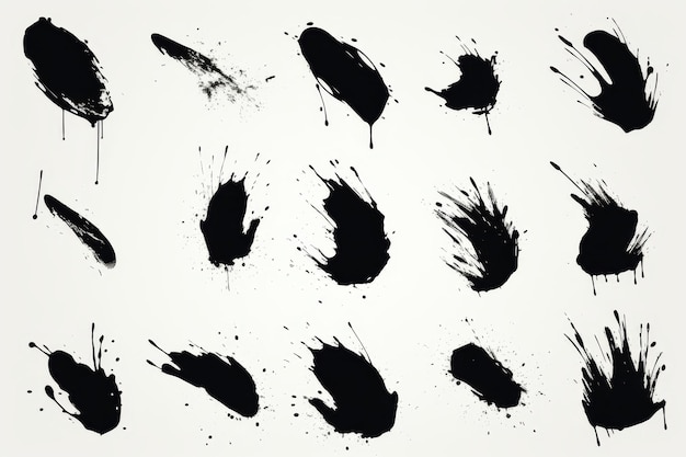 Set of artistic black ink splatters and brush strokes for creative design projects and backgrounds