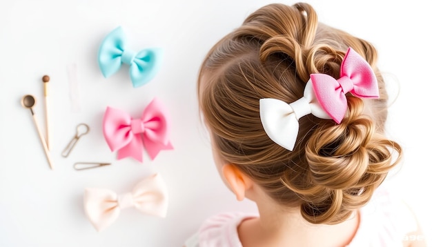 Photo set of baby girl hair accessories fashion hair bows hair clips hairpins and hair elastics hairst