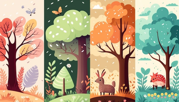 Set of backgrounds with autumn forest and animals Generative AI illustration