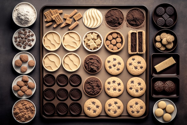 Set of baking trays laid out with different types of cookies