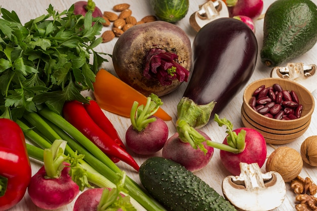 Set of balanced products vegetables, nuts.