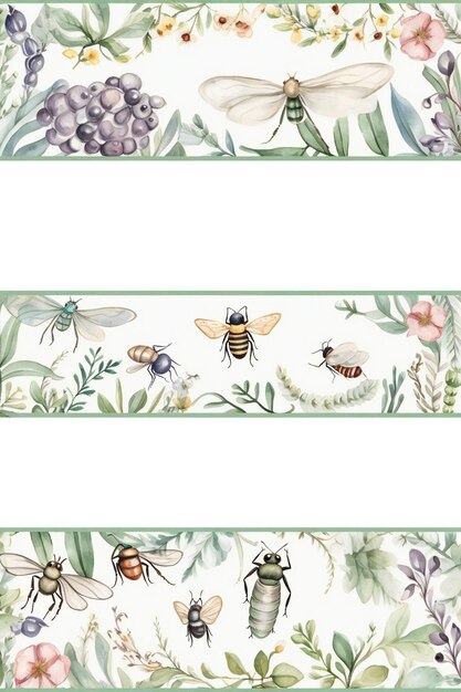 A set of banners with bees and flowers on them.