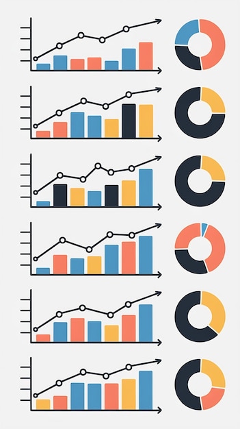 Photo set of bar graphs and line charts circle progress indicators vector eps10 illustration