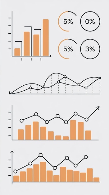 Photo set of bar graphs and line charts circle progress indicators vector eps10 illustration