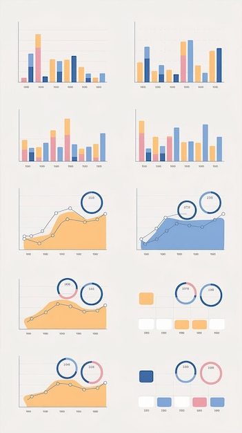 Photo set of bar graphs and line charts circle progress indicators