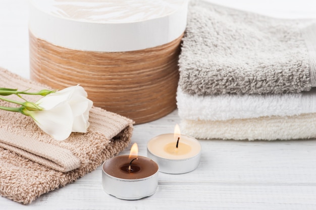 Set of bathroom accessory on wooden background