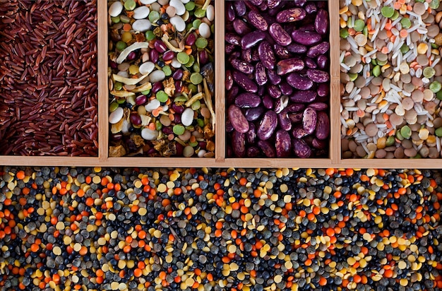 Set of beans, rice, lentils, spices for cooking in the kitchen