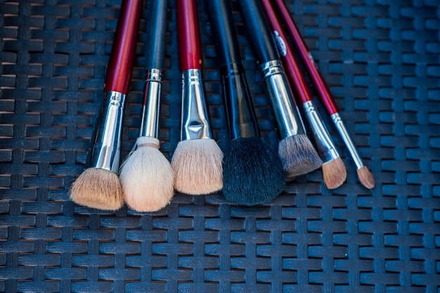 A set of beautiful different soft brushes for makeup from natural nap for beauty