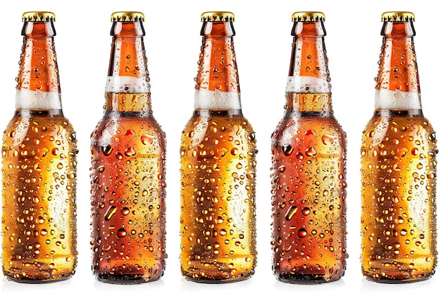 set of Beer bottles with water drops on white backgroundFive separate photos merged together