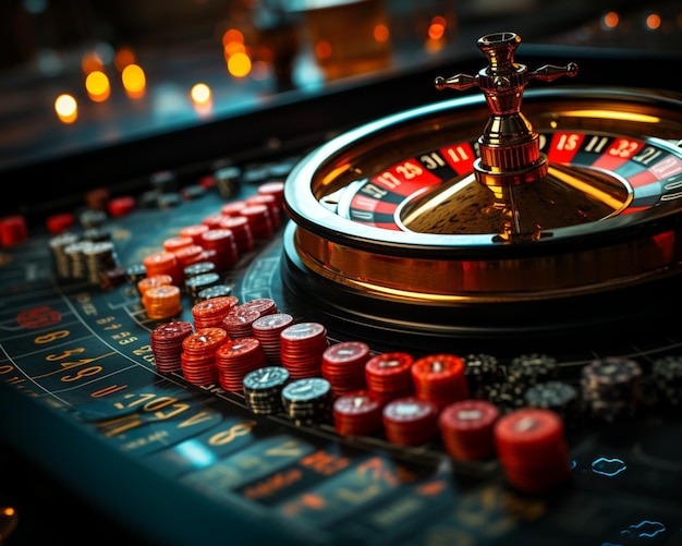 Photo a set of betting chips on a table with a roulette wheel with black and red numbers