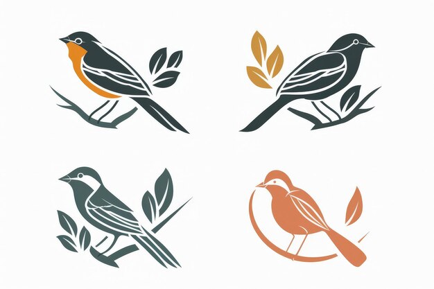 Set of birds animals emblem logo design with bird line art icon vector illustration on white background