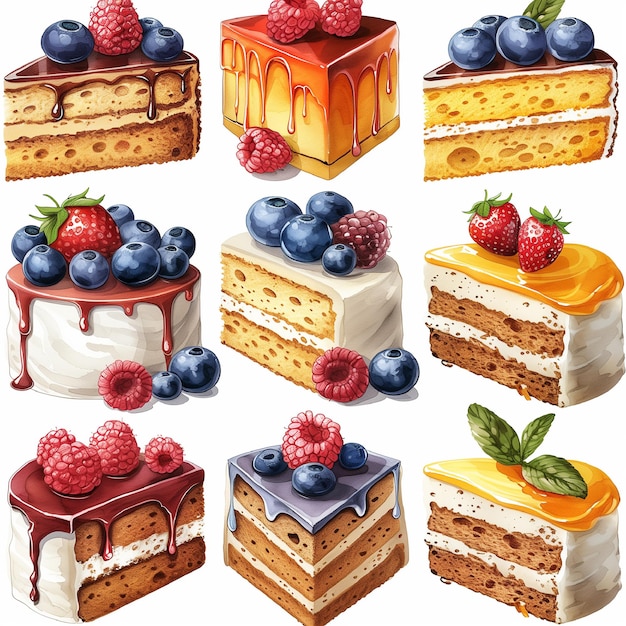 Set of Birthday Cake slices of Different Designs Sizes Styles and Decorations Clipart