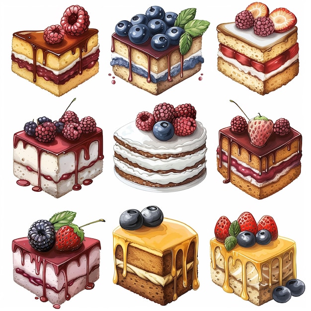 Set of Birthday Cake slices of Different Designs Sizes Styles and Decorations Clipart