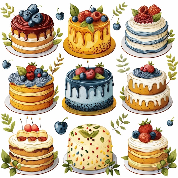 Set of Birthday Cake slices of Different Designs Sizes Styles and Decorations Clipart