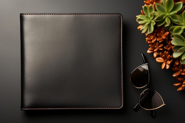 A set of black office accessories glasses on gray background flat lay still life mockup