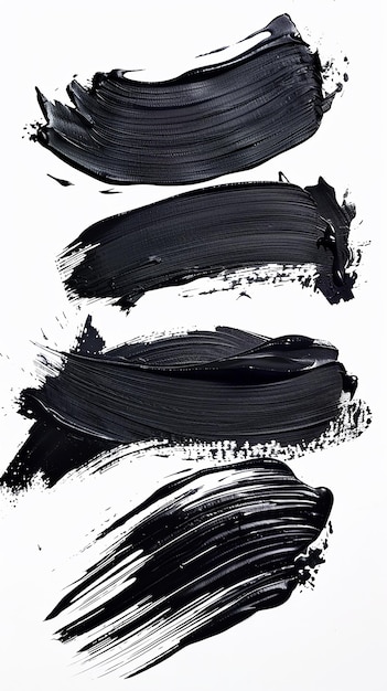 Set Black Paint Ink Brush Strokes Isolated White Background