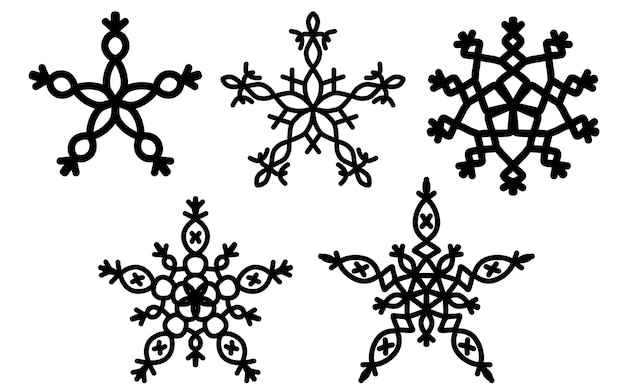 Set of black silhouette of Christmas snowflakes isolated on white background