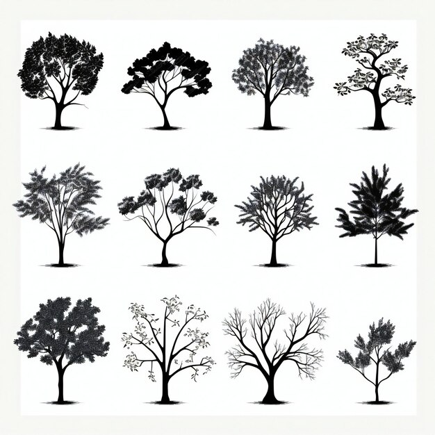 Photo set of black silhouette illustration of tree