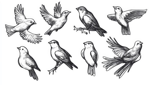 Photo set of black silhouettes of birds on white background made with ink rough brushstrokes generative ai