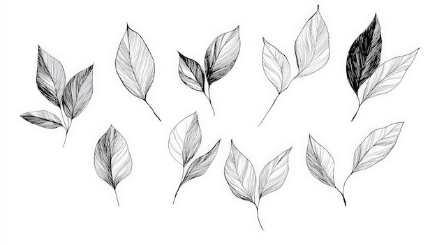 Photo set of black silhouettes of leaves on white background ink rough brushstrokes generative ai