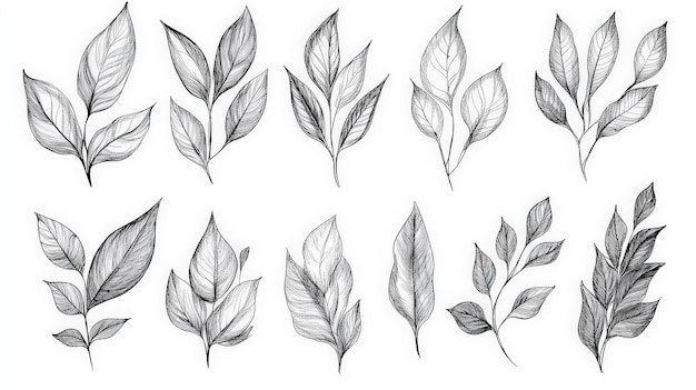 Photo set of black silhouettes of leaves on white background ink rough brushstrokes generative ai