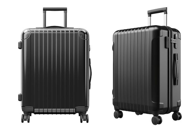 Set of black suitcases is cut out on a transparent or white background Travel and vacation concept Closeup of a suitcase as a design element to be inserted into a design or project