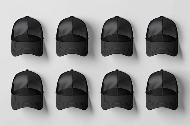 Photo set of black trucker cap hat mockup template collection various angle isolated cut out object