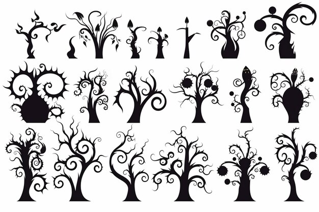 Photo a set of black and white silhouettes of trees with swirly branches generative ai