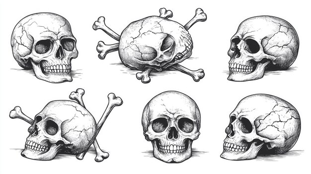 Photo a set of black and white skull illustrations with crossbones each depicting different angles of the skulls the illustration style should be detailed