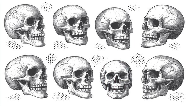 Photo a set of black and white skull illustrations with crossbones each depicting different angles of the skulls the illustration style should be detailed