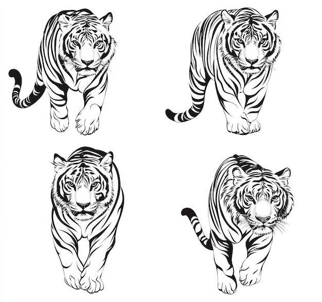 Photo set of black and white tiger illustrations in different poses