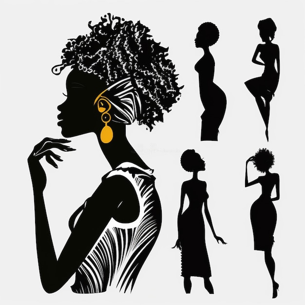 Photo set of black women silhouettes on a white background