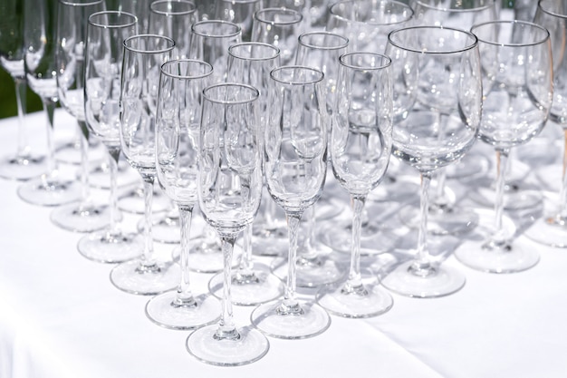 Set of blank empty wine glasses displayed in rows. Preparation for the holiday.