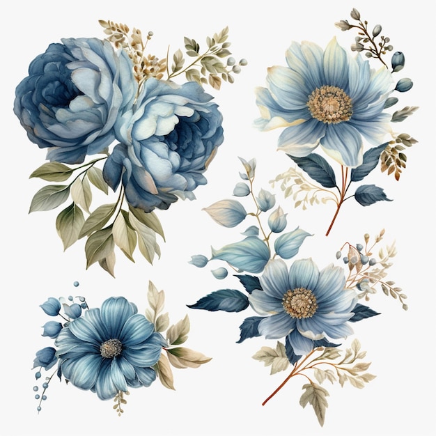 A set of blue flowers on a white background.