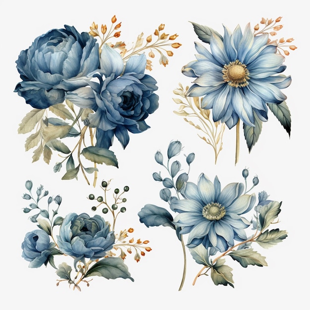 A set of blue flowers with leaves and flowers.