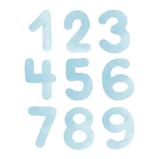 Set of blue numbers watercolor illustrations isolated on white background