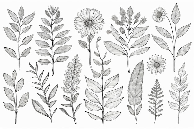 Set of botanical leaf doodle wildflower botanical line art drawings collection