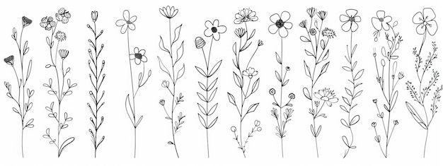 A set of botanical line art leaves isolated on a white background Modern illustration